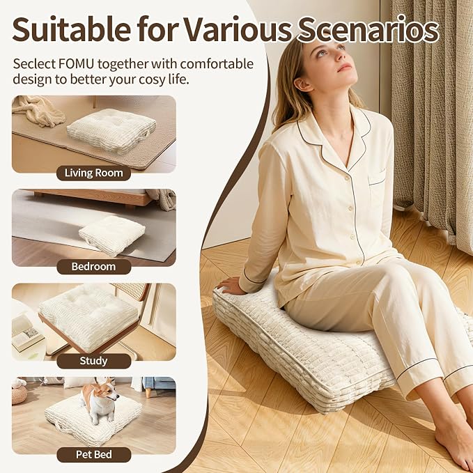 Floor Cushions, Corduroy Floor Pillow, Floors Pillows for Adults & Pets, Large Floors Pouf, Square Floored Pillows for Sitting & Yoga(2PC, Beige White，22"×22"×3.9")