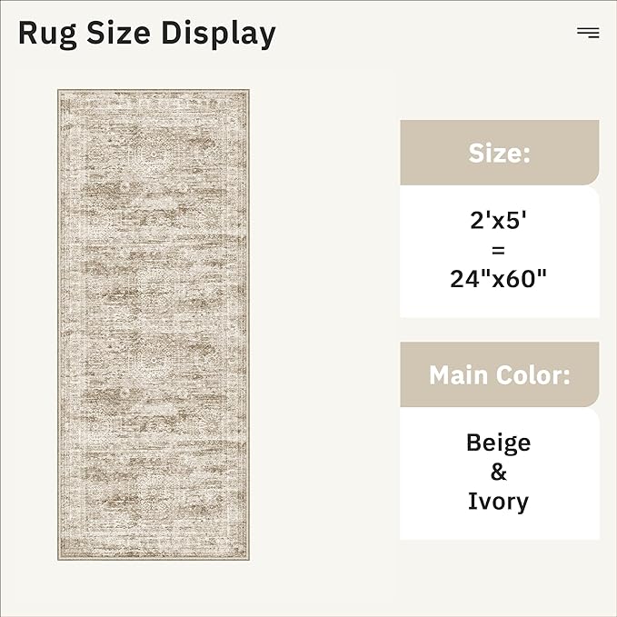 Soalmost Runner Rug 2x5 Washable Non-Slip Kitchen Runner Rugs for Bathroom Laundry Room Brown Vintage Floor Carpet Runners for Hallway Entryway