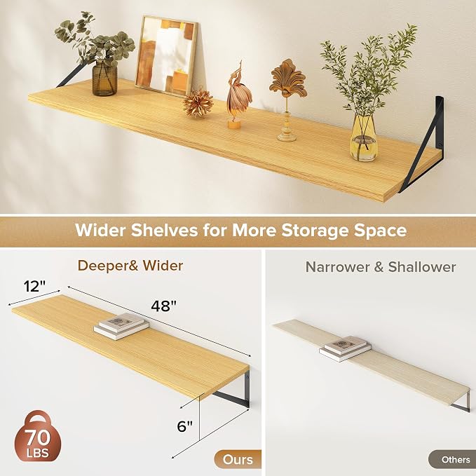 Acovy Deep Floating Shelves Wall Mounted, 48"x12" Oak Wall Shelves with Brackets Set of 2 for Bedroom, Living Room, Bathroom, Kitchen, Office - Storage & Display Shelf for Decor, Books, Plants