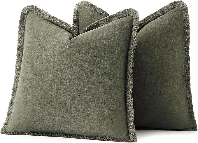 MIULEE Decorative Throw Pillow Covers Neutral Linen Fringe Throw Pillows Euro Shams Set of 2 Olive Green Boho Farmhouse Cushion Covers for Couch Sofa Bed Living Room Spring Home Decor 26x26 Inch