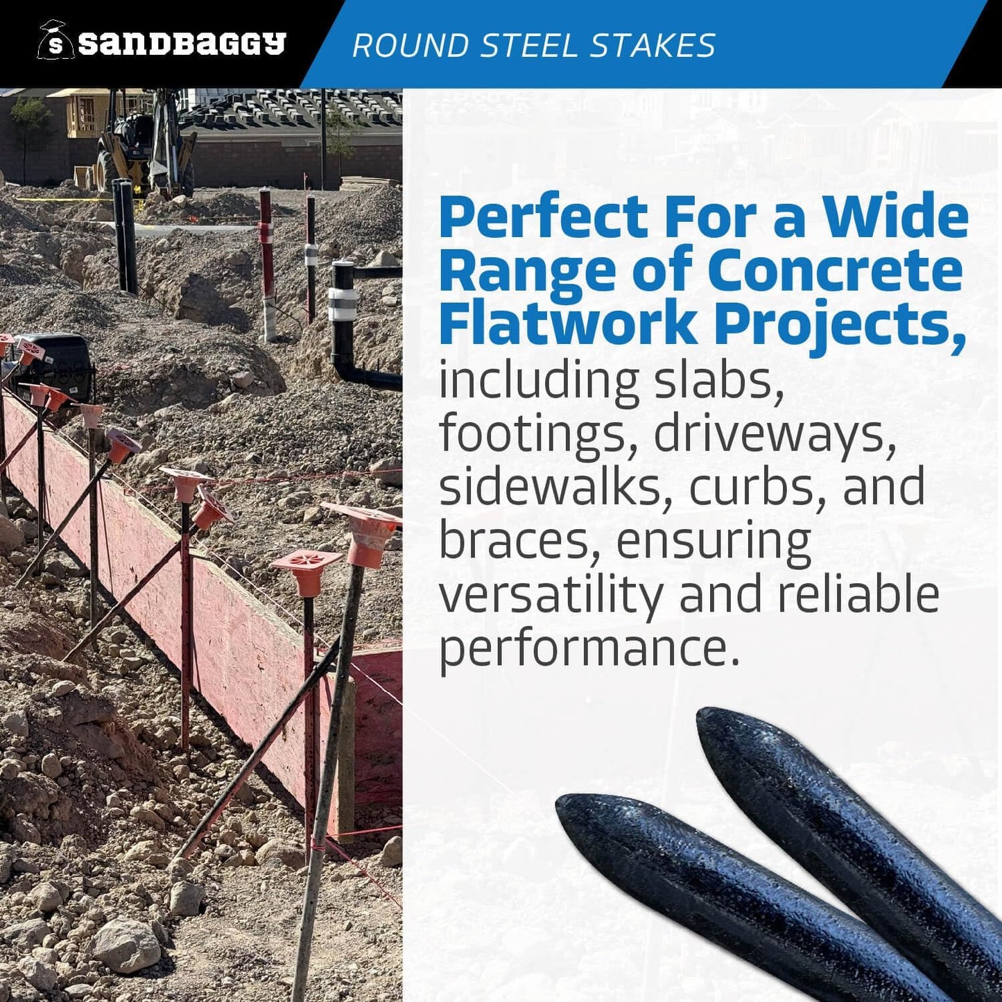 Sandbaggy Round Steel Concrete Form Stakes with Nail Holes - Rust Resistant Coating - Removable, Reusable (1000, 3/4 in X 36 in)