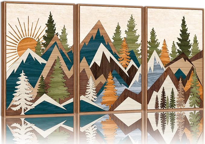 Tinonedraw Large Mountain Framed Canvas Wall Art, Boho Rustic Sunrise Forest Wall Decor, Vintage Woodsy Nature Art Painting, Modern Wilderness Trees Art Print for Living Room Bedroom Office 16"x24"x3