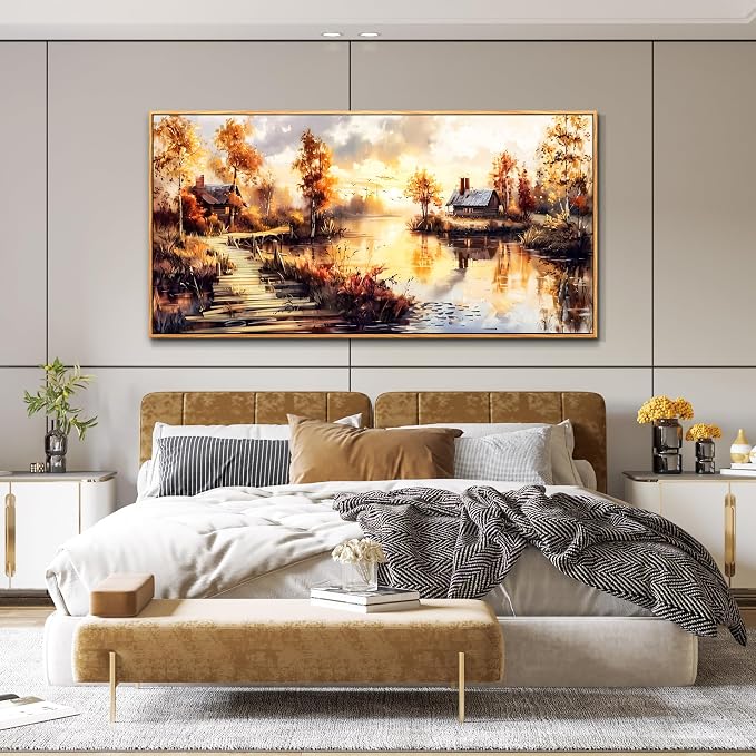 XIGUANGART Framed Vintage Wall Art, Cottage Trees Garden Landscape Pictures Wall Decor Paintings, Rustic Farmhouse Canvas Prints Aesthetic Home Decor for Living Room Bedroom Bathroom 24x48 inch