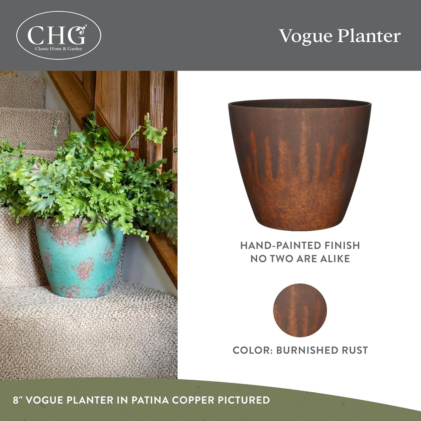Classic Home and Garden Vogue Planter Pots w/Pottery Quality Finish - Modern Indoor & Outdoor Flower Pots - UV-Resistant Porch Planters - Decorative Pot for Flowers & Herbs (8” Burnished Rust)