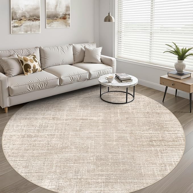 7ft Round Rug Living Room: 7x7 Washable Large Neutral Beige Circle Area Rug Abstract Soft Modern Stain Resistant Indoor Floor Non-Slip Carpet for Bedroom Nursery Kids Office Playroom Dining Room