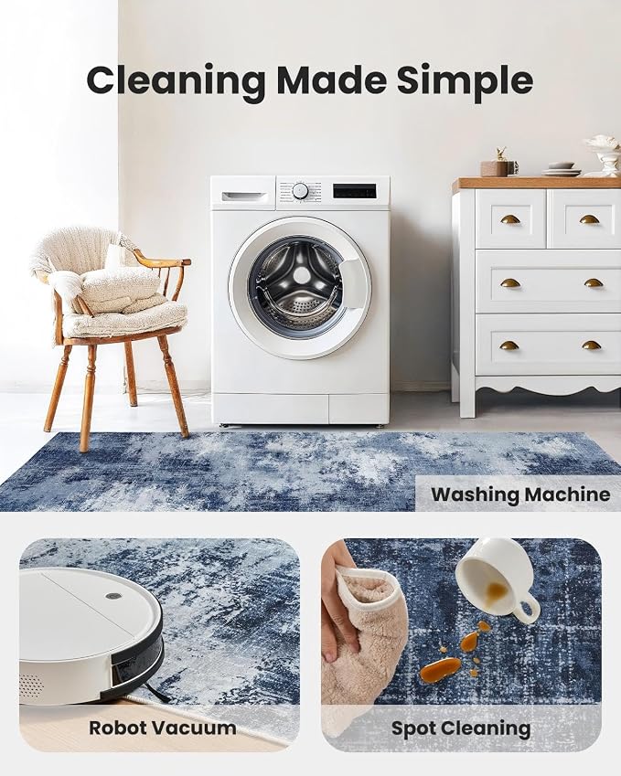 AMADA HOMEFURNISHING 8x10 Area Rugs for Living Room, Modern Washable Rug with Non-Slip Backing & Low Pile, Large Rug with Abstract Print Pattern for Bedroom, Dinning Room,Home Office, Dark Blue