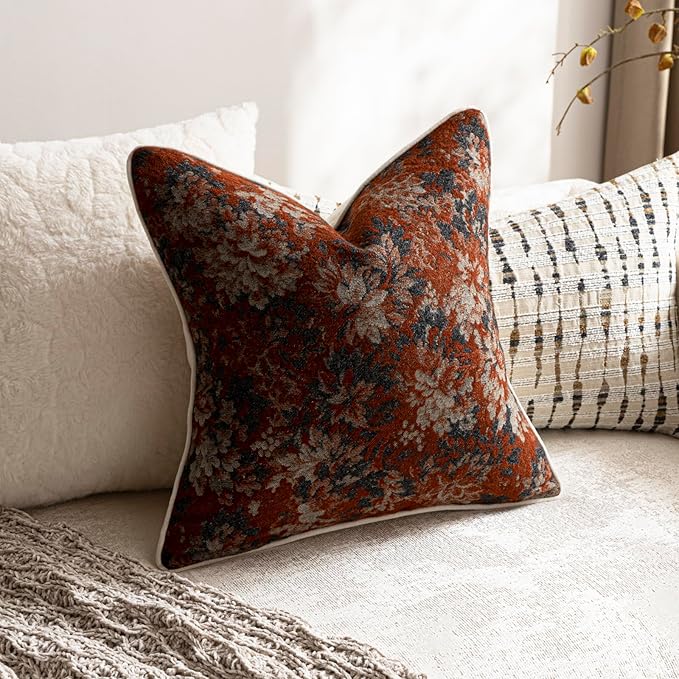 DEZENE Pack of 2 Vintage Floral Throw Pillow Covers 20x20 Boho Farmhouse Accents Chenille Square Decorative Pillow Cases for Living Room Couch Bed Home Decor, Rust
