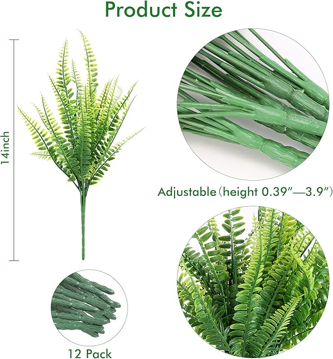 ZEOSTARO 12 Bundles Artificial Plants, Fake Boston Fern Greenery Outdoor UV Resistant No Fade Faux Plastic Plants Garden Porch Window Box Decorating…