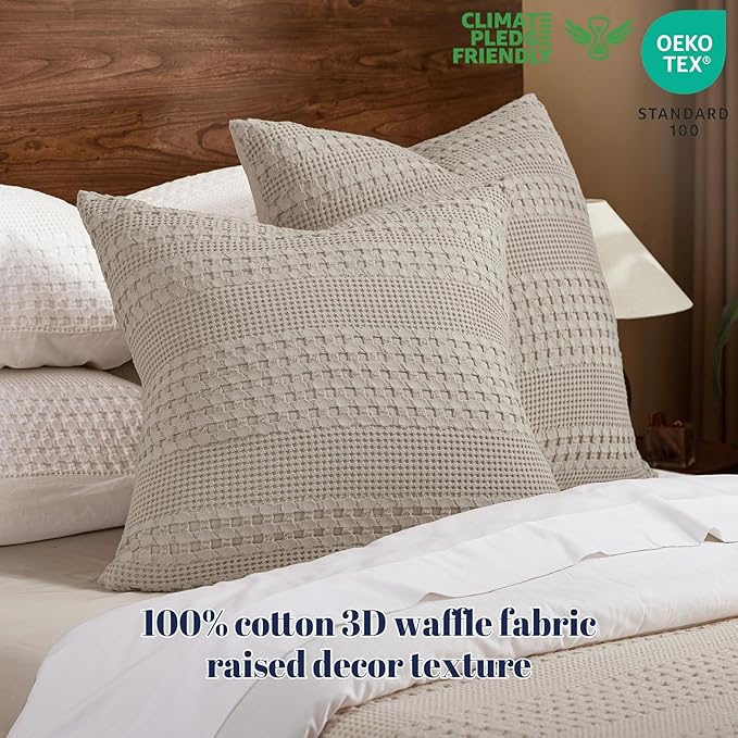 PHF 100% Cotton Waffle Weave Euro Sham Covers, 2 Pack 26" x 26" Bed Pillow Covers for Elegant Home Decor, No Filling, Luxury Aesthetic Soft Euro Pillow Cases for Bed, Pearl Gray