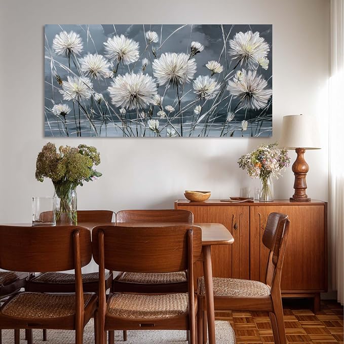 Ggaafet White Dandelion Wall Art for Living Room Canvas Oil Painting Prints Beautiful Flower Floral Blooming Art Deco Modern Artwork Office Bedroom Family Dining Room Decor Large