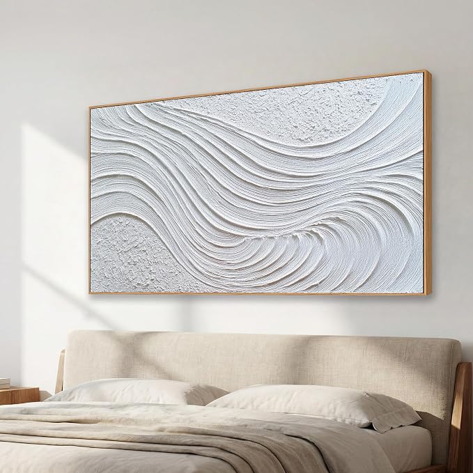 The Mode Art Abstract 3D Textured Wall Art White Waves Canvas Print Modern Minimalist Framed Wall Decor for Living Room Bedroom Office 30x58inch