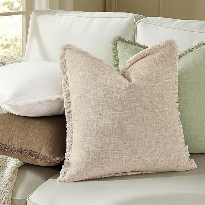 decorUhome Summer Decorative Neutral Linen Fringe Euro Sham Throw Pillow Covers Set of 2 Natural Beige Pillow Covers with Tassels Soft Farmhouse Boho Accent Pillow Cases for Couch Bed Sofa 22x22 Inch