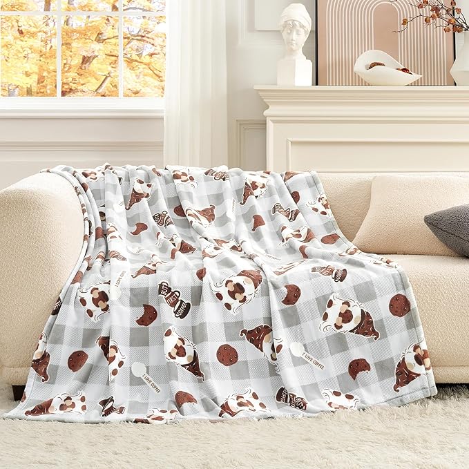 Cozy Bliss Gnome Coffee Throw Blanket - Warm MilkyPlush Throw Blankets,Ultra Soft Cozy Blankets for Couch,Sofa and Bed,Grey,60X80inches