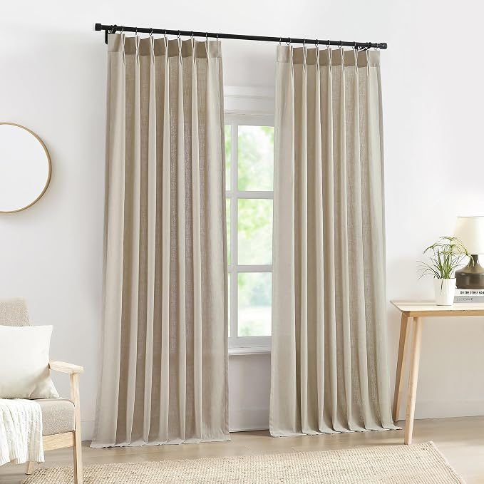 Central Park Sand Pinch Pleated Light Filtering Curtain Panel 102 Inches Linen Blended with Microfiber Liner Rustic Textured Window Drapes for Living Room Bedroom with Back Tabs Hooks, 40"L x102"W x2