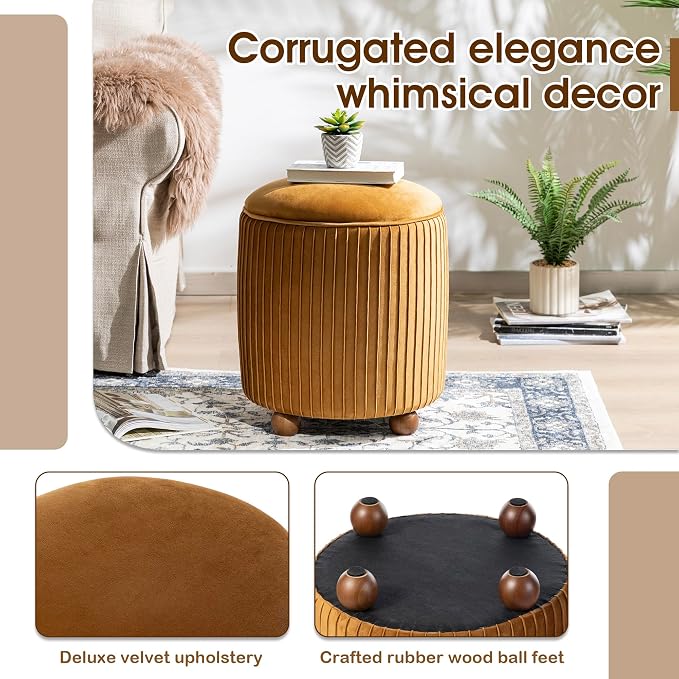 Glitzhome Round Ottoman with Storage Set of 2 Vanity Stool Foot Rest with Removable Lid Modern Upholstered Velvet Storage Ottoman Stool for Living Room and Dorm, Brown