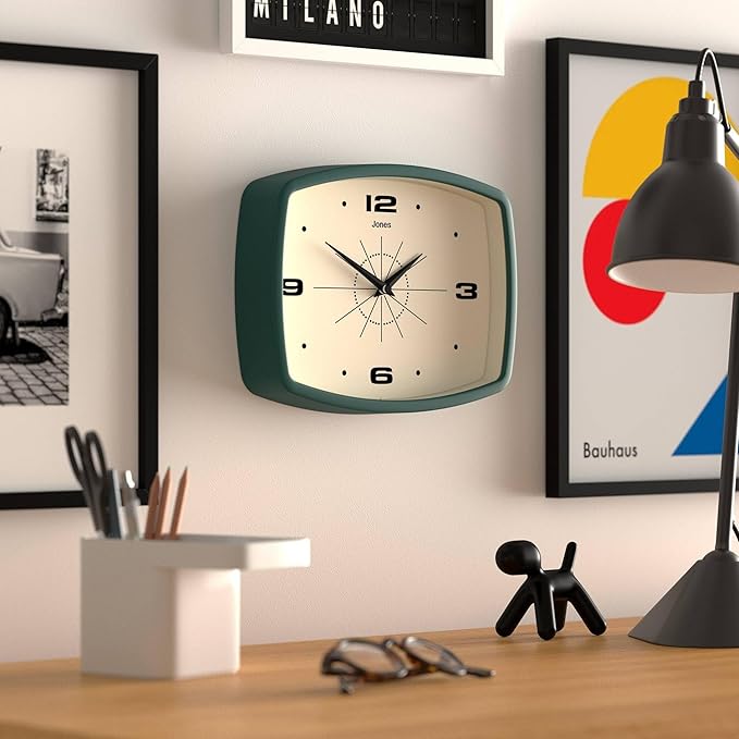 JONES CLOCKS® Movie wall Clock | Retro Rectangular Clock | 10 inch | Dark Green | Cool mid-Century Designer Look for Kitchen, Living Room or Office