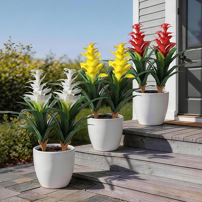 Ivydale Fake Flowers Plants for Outdoors, 2 Pcs 16.93" Bromeliad Artificial Flowers Uv Resistant Realistic Faux Flowers for Outdoor Planters Outside Porch Patio Yard Garden Indoor Decoration(Yellow)