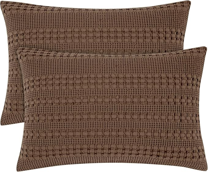 PHF 100% Cotton Waffle Pillow Shams King Size, 2 Pack 20" x 36" Soft Skin-Friendly Pillowcases, No Filling, Aesthetic Woven and Breathable Waffle Weave Pillow Case Covers for Bed, Chocolate