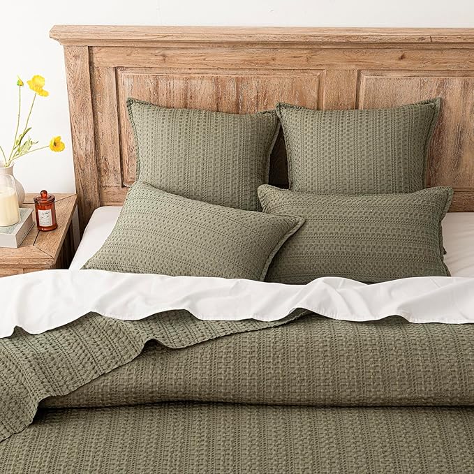 Foindtower Set of 2 Decorative Cotton Waffle Weave Throw Pillow Covers Euro Shams Cushion Covers Accent European Pillowcase for Bed Couch Sofa Bedroom Living Room Home Decor 24×24 Inch Olive Green