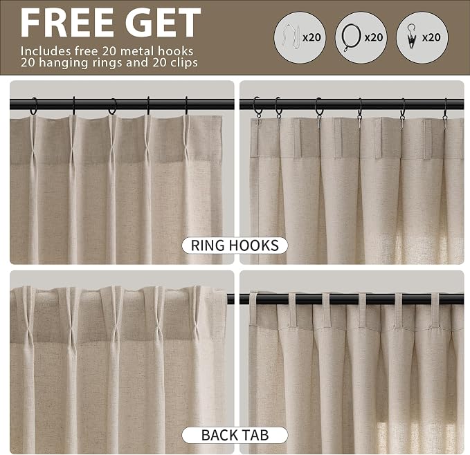 Light Khaki Pinch Pleated Linen Curtains 96 Inch Length 2 Panels for Living Room Bedroom Country Farmhouse Window Privacy Light Filtering Semi Sheer Back Tab Drapes with Hooks for Dining Room 40x96