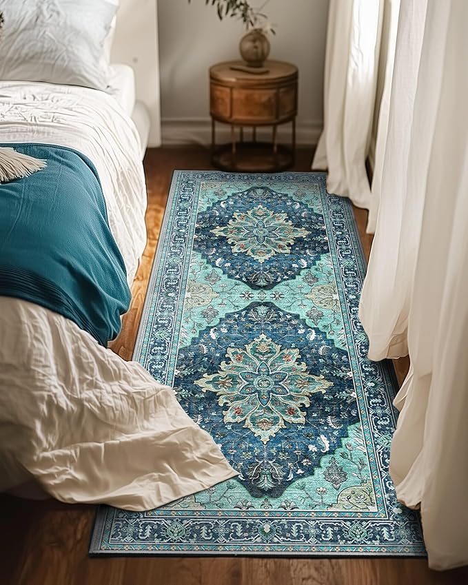 RELEANY Area Rugs 2'x6' Runner Rug Non Slip Washable for Kitchen Hallway Bedroom Beside Laundry Room Bathroom Rug, Floor Carpet, Teal Green Lake Blue Turquoise