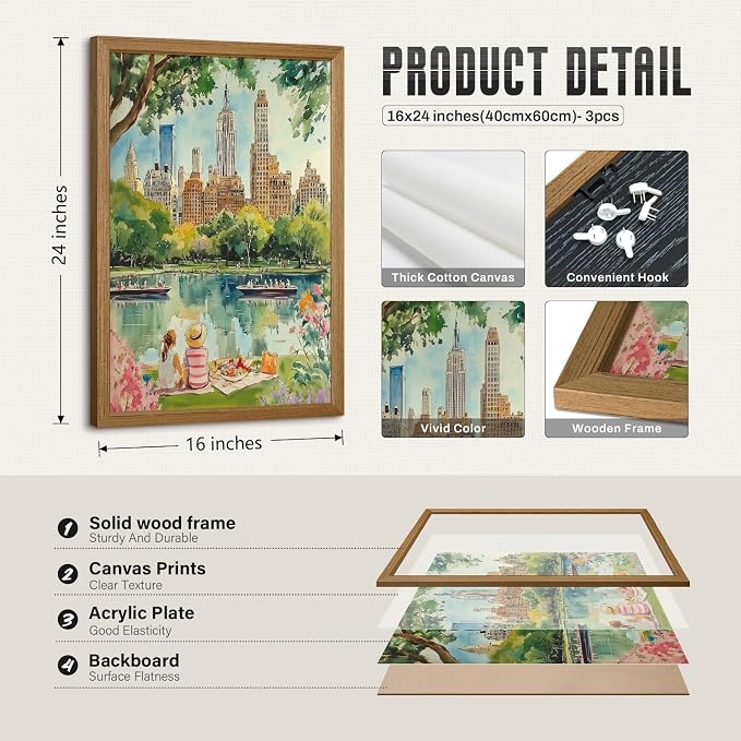 Watercolor New York City Wall Art Nyc Canvas Wall Decor Nyc Painting New York Landmarks Poster Travel Wall Art Central Park Artwork for Bedroom Living Room 16x24x3 Inch Wood Framed