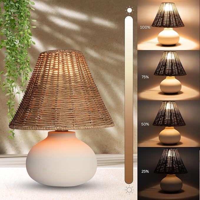 11" Small Table Lamp – Handmade Ceramic Cream Base with Wicker Rattan Shade, Dimmable Plug-in Nightstand Light for Bedroom, Kitchen Counter, or Small Spaces – Boho Japandi Organic Decor