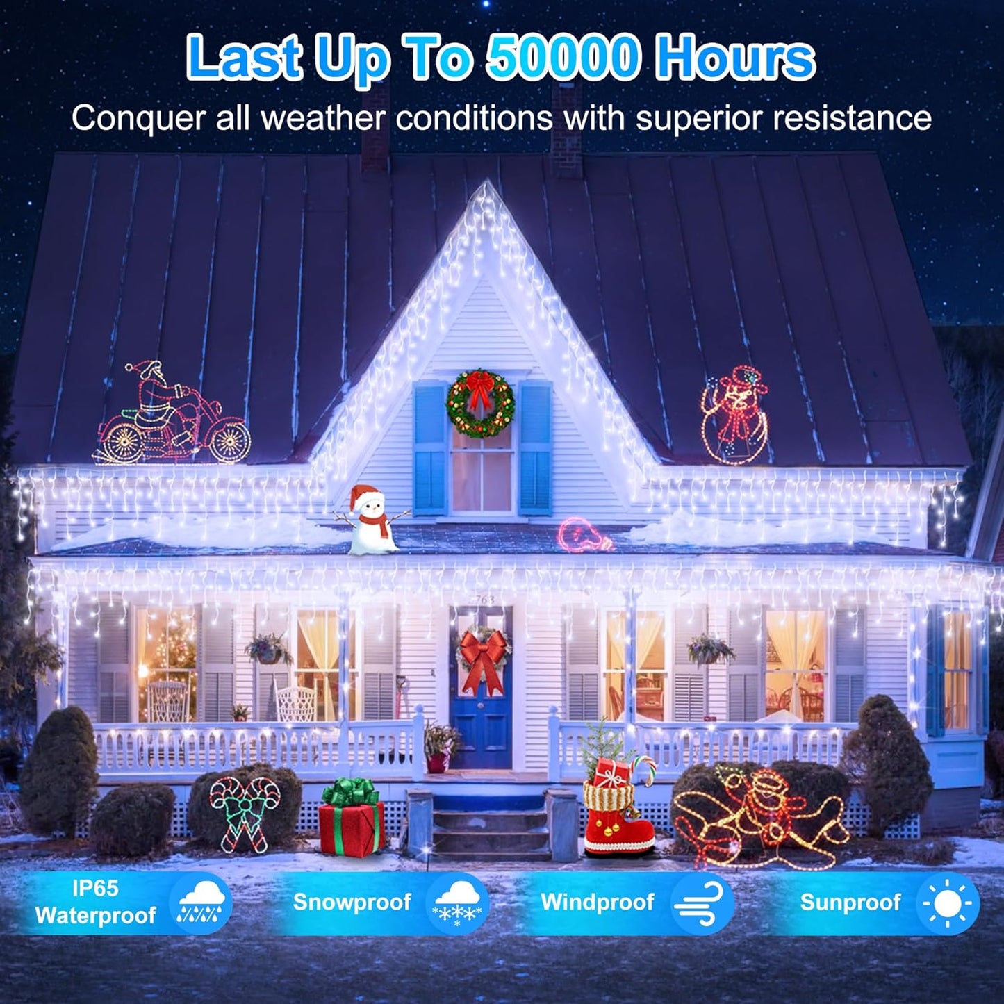 504LED 50ft Christmas Lights, 112Drops 12 Modes Cool White Christmas String Lights Outdoor Dimmable, Waterproof Christmas Decoration Fairy Lights with Timer for Indoor Eaves Party Patio Window Fence