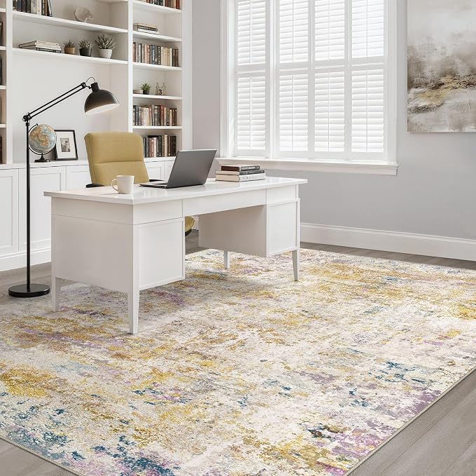 6x9 Area Rugs Living Room: Washable Large Neutral Rug Abstract Soft Modern Stain Resistant Indoor Floor Non-Slip Carpet for Bedroom Nursery Kids Classroom Playroom Dining Room- Gold Multi