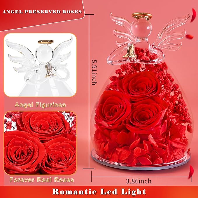 Beferr Mothers Day Mom Birthday Gifts for Women, Fresh Flowers for Delivery Forever Preserved Rose in Glass Angel Figurine, Anniversary Christian Real Rose for Grandma Nana Wife Mum from Daughter Son