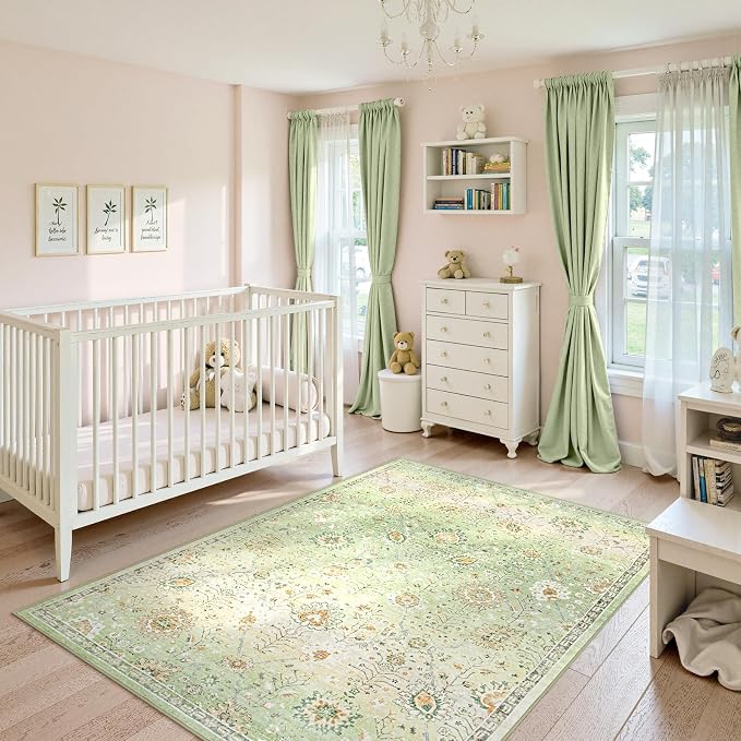 Lahome Flavie 5x7 Sage Green Rugs for Bedroom, Soft Boho Rug for Living Room, Machine Washable Floral Carpet Non Slip for Nursery Playroom Indoor