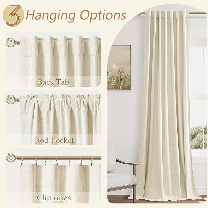 Guken 100% Blackout Curtains 108 Inch Length 2 Panels Set for Living Room Bedroom Back Tab Thermal Insulated Black Out Linen Drapes Room Darkening Window Curtains Warm Beige 52x108
