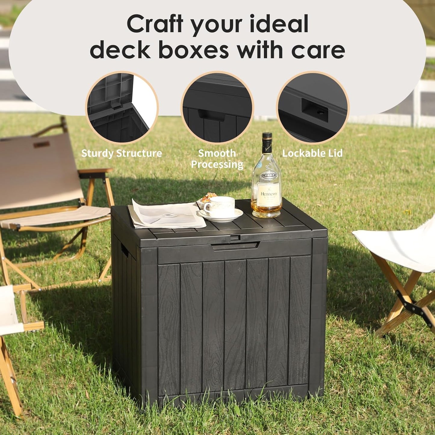 Vixzen 30 Gallon Resin Deck Box - Lockable Outdoor Storage for Patio Cushions, Garden Tools, Pool Supplies，Black