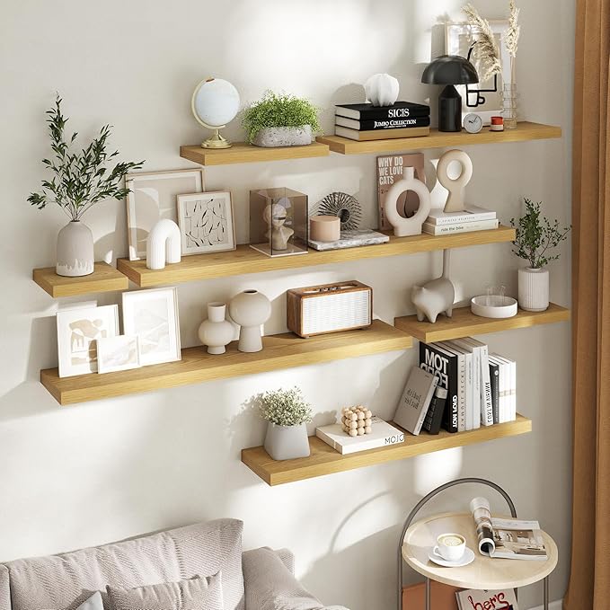 32 Inch Floating Shelves for Wall Set of 2, 8"D Wood Grain Bathroom Shelves with Invisible Brackets, Easy Install Engineered Wood Storage Shelves for Kitchen, Living Room, Bedroom, Oak Finish