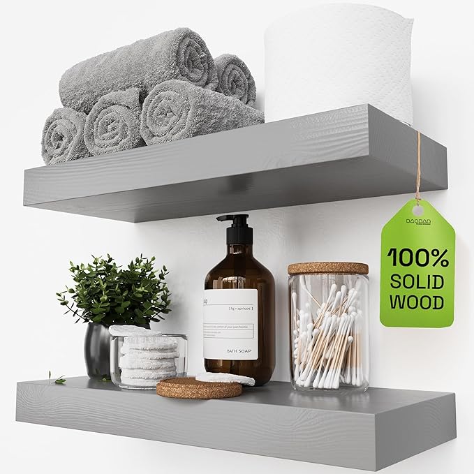 Solid Wood Floating Shelves for Wall 16 Inch Grey, Wooden Bathroom Shelf | Natural Wood, For Room Wall, Bedroom Kitchen Living Room, Rustic, Gray Finish, 16W × 6.7D, Set of 2