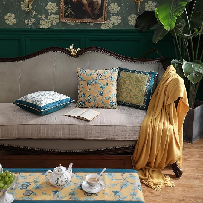 patdrea Designer French Velvet Couch Throw Pillow Cover,Set of 4,-Noah | Elegant Lumbar Pillow Case,Green Vintage Floral Design,Decorative Cushion Cover for Chair,Living Room,Bedroom