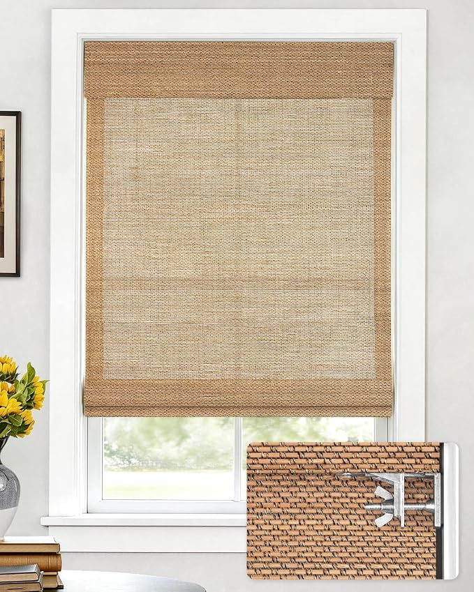 LazBlinds No Drill Cordless Bamboo Roman Shades, Light Filtering Blinds for Indoor Windows, Roll Up Bamboo Blinds for Home, 41" W x 64" H, Star-Brown