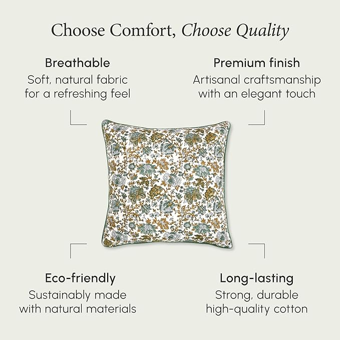 CPC 100% Cotton Throw Pillow Covers 18x18 Inch, Set of 2 Blue Block Print Pattern Couch Pillow, Cute Boho Decorative Pillows for Living Room, Bedroom with Hidden Zipper- Harvest Bloom