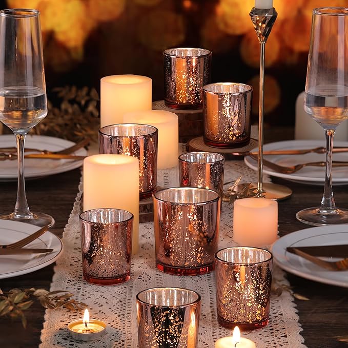 Volens 24pcs Assorted Rose Gold Votive Candle Holders for Wedding Table Centerpieces, Large Mercury Glass Votives for Tealight Candle, Rose Gold Party Decorations for Bridal and Baby Shower