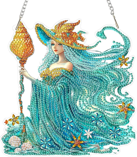 SENQAO Fairy Diamond Art Hanging Kit for Adult, Special Shaped Rhinestone, Double Sided DIY Acrylic Diamond Art Painting Window Pendants Home Garden Wall Hanging Kits Hanging Ornament (Shell Witch)