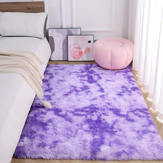 AROGAN Soft Rainbow Area Rugs for Girls Room 4x6 Feet, Fluffy Girls Bedroom Rugs, Princess Rug, Cute Colorful Carpet for Kids Teens Nursery Toddler, Purple