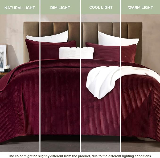 Elegant Comfort Luxury 3-Piece Velvet Corduroy Stripe Quilt Set, Ultra Soft Bedspread - Cozy Velvet Coverlet Set - 3PC Medium Weight Quilted Set with Matching Pillow Shams, Twin, Burgundy