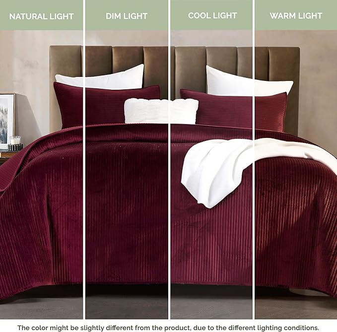Elegant Comfort Luxury 3-Piece Velvet Corduroy Stripe Quilt Set, Ultra Soft Bedspread - Cozy Velvet Coverlet Set - 3PC Medium Weight Quilted Set with Matching Pillow Shams, Full, Burgundy