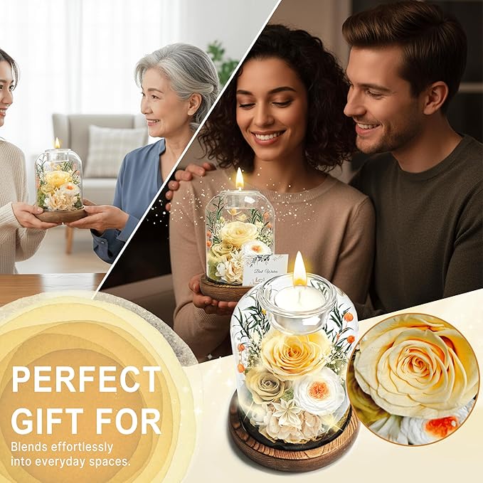 Gifts for Mom, Preserved Rose Flowers in Glass Dome, Forever Flowers for Delivery, Eternal Rose, Birthday Gifts for Women, Mothers Day for Grandma, Wife, Daughter, Anniversary(Champagne)