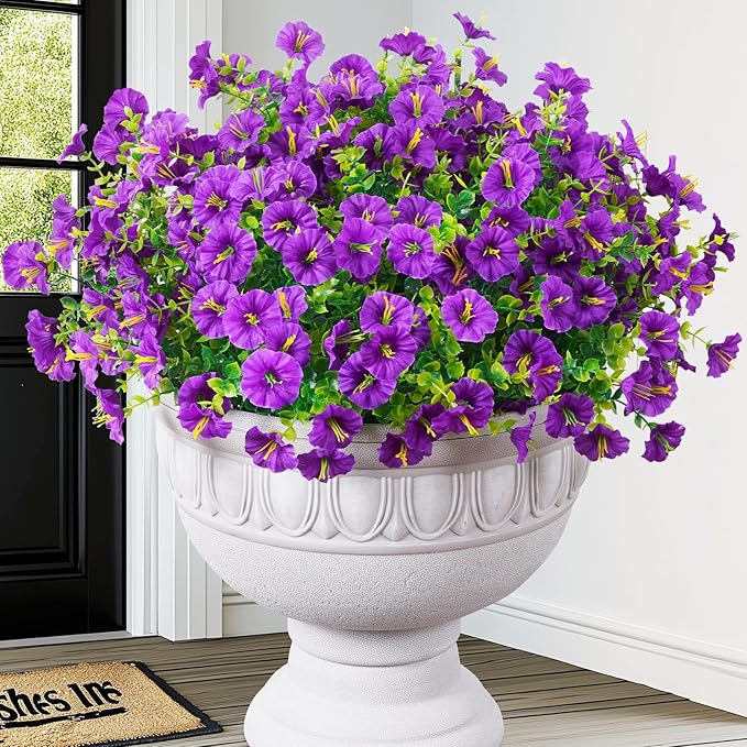 MARTINE MALL 12 Bundles Look Real Artificial Flowers for Outdoors, Realistic Fake Outdoor Flowers, UV Resistant Silk Petunia Flowers for Outside Faux Flowers Plants for Outdoor Porch, Purple