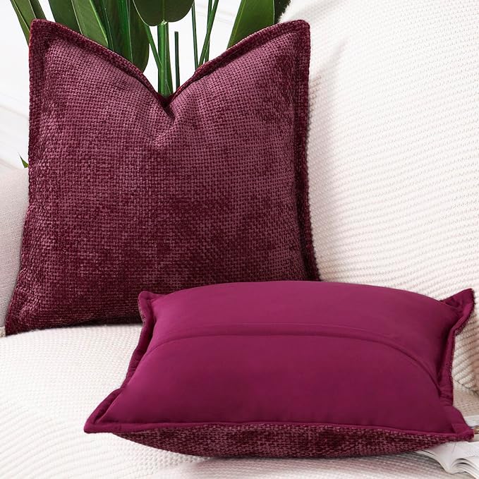 MADIZZ Decorative Chenille Velvet Throw Pillow Covers Set of 2 Soft Boho Textured Neutral Couch Throw Pillow for Bed Modern Farmhouse Home Decor for Sofa Livingroom Burgundy 20x20 Inch