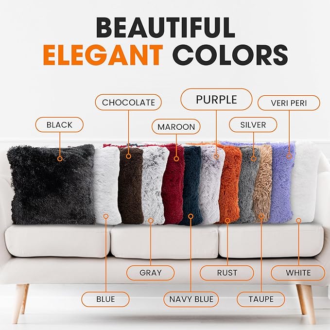 Cheer Collection Throw Pillows for Couch and Bed, Soft Shaggy Throw Pillows with Inserts Included, Cozy Long Hair Faux Fur Pillows - Set of 2-18" x 18" - Purple