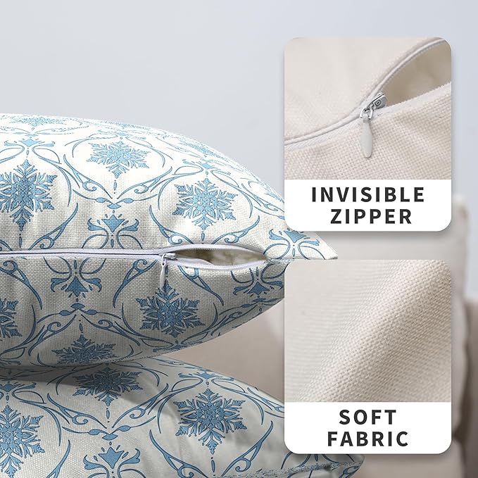 Winter Snowflakes Pillow Covers Blue Block Print Throw Pillow Covers Vintage Neutral Pillowcase 20x20 Set of 2 Elegant French Cushion Case for Living Room Couch Sofa