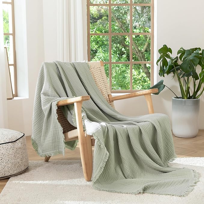 MooMee Muslin Blanket - 100% Cotton 4-Layer Gauze Throw Blanket with All-Around Fringe, Soft Breathable Lightweight Cooling Summer Blankets for Bed Couch(Sage Green,Oversize Queen 98" x 98")