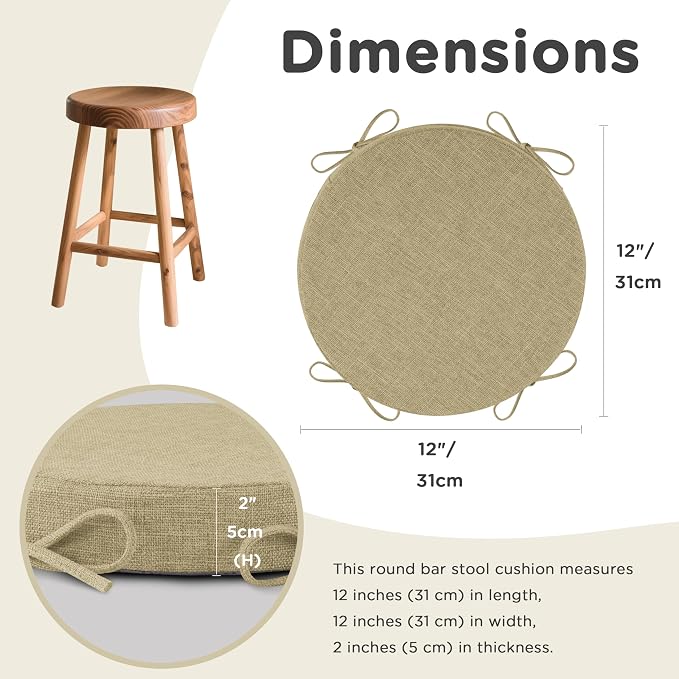 AddGrace Round Bar Stool Cushions with Ties Set of 1 Non Slip Seat Cushions 12x12 Inch Washable Chair Pads Removable Washable Cover Beige